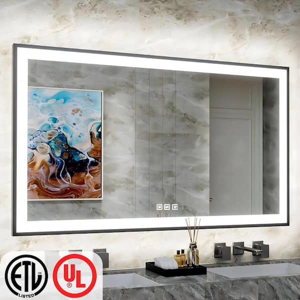 TOOLKISS 60 in. W x 36 in. H Rectangular Framed LED Anti-Fog Wall Bathroom Vanity Mirror in Black with Backlit and Front Light