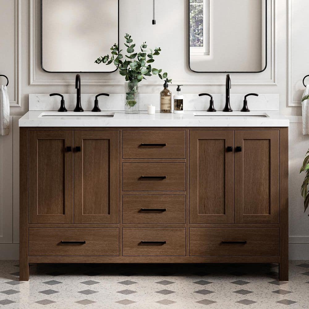 Cambridge 60 in. Double Sink Freestanding Bathroom Vanity in Brown Oak with Carrara White Quartz Top price history on PriceWatchPro