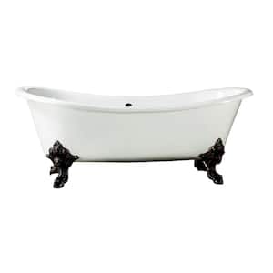 Nelson 72 in. Cast Iron Double Slipper Clawfoot Non-Whirlpool Bathtub in White with 7 in. Faucet Holes and Black Feet
