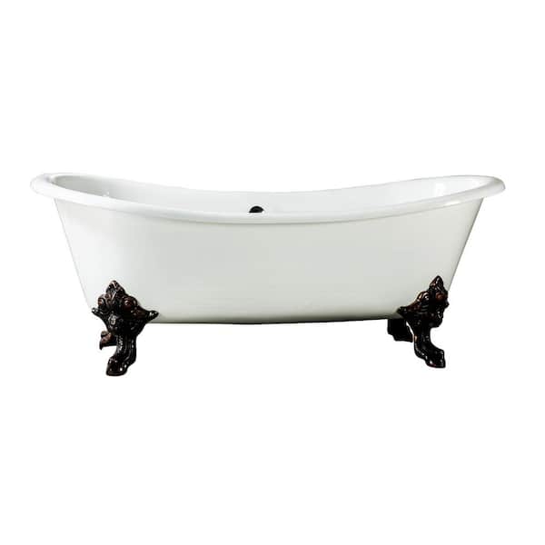 Barclay Products Nelson 72 in. Cast Iron Double Slipper Clawfoot Non-Whirlpool Bathtub in White with 7 in. Faucet Holes and Black Feet