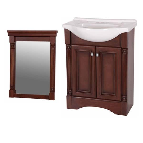 Glacier Bay Valencia 25 in. Euro Vanity in Hazelnut Glaze with Porcelain Euro Vanity Top in White with White Bowl and Mirror
