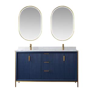 Granada 60 in. W x 22 in. D x 33.8 in. H Double Sink Bath Vanity in Royal Blue with White Composite Stone Top and Mirror