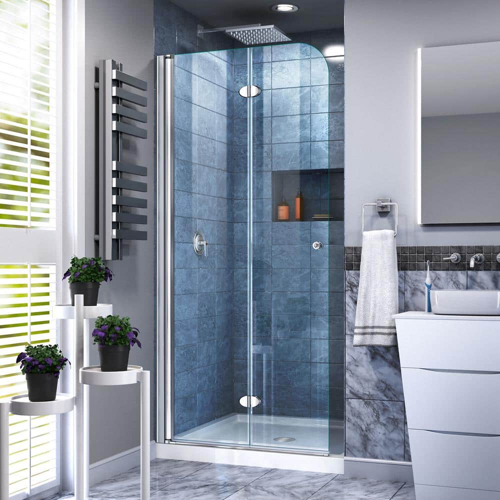Aqua Fold 32 in. x 74.75 in. Frameless Hinged Shower Door and Base in Chrome, White Base price history on PriceWatchPro