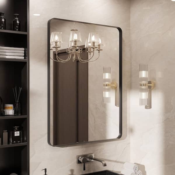 22 in. W x 30 in. H Rounded Rectangle Framed Wall Bathroom Vanity Mirror in Matte Black