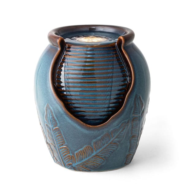 9.25 in. H Turquoise Leaf Textured Ceramic Jar Tabletop or Water Floor Fountain with Pump and LED light