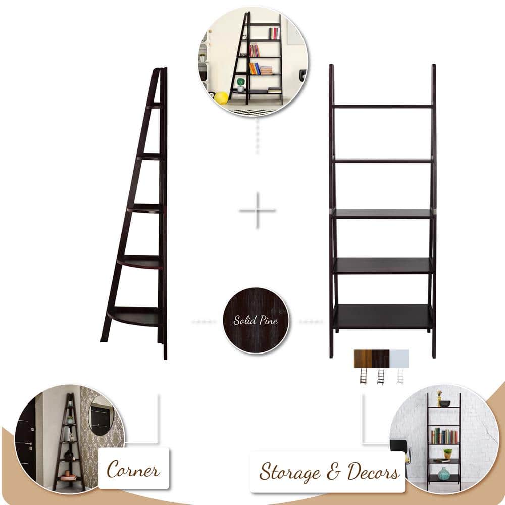 Espresso Solid Wood Adjustable 5-Shelf Ladder Bookcase