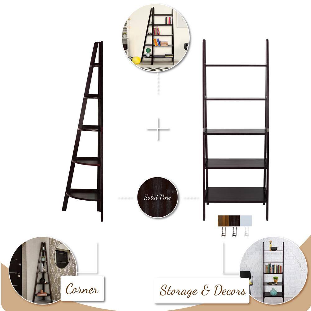 Elegant White Solid Pine 5-Shelf Corner Ladder Bookcase