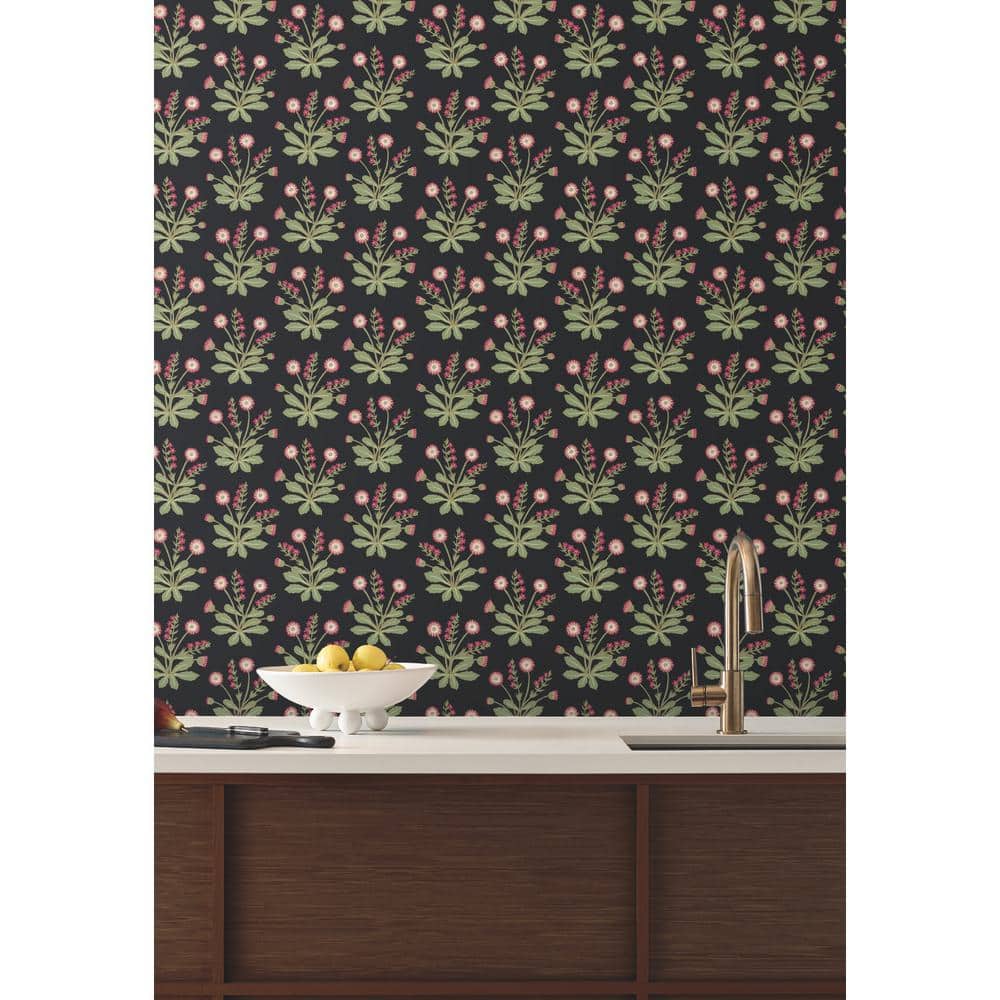 Black and Rose Floral Non-Pasted Washable Wallpaper