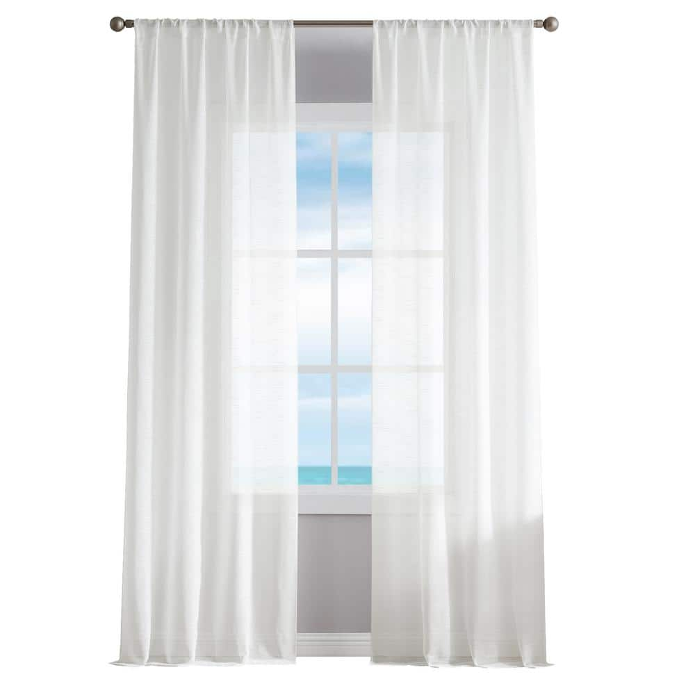 Nautica Erasmus White Faux Linen 38 in. W x 108 in. L Rod Pocket Sheer ...