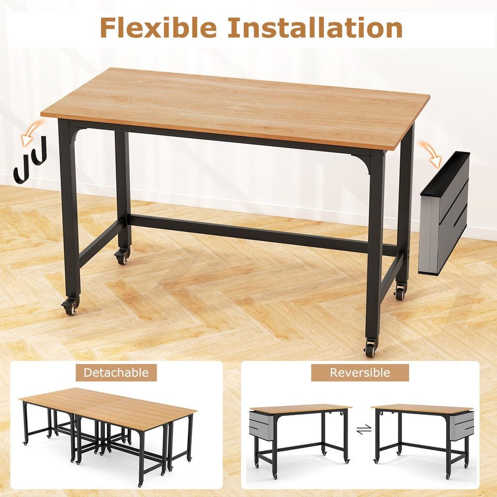 Modern Dark Brown Particleboard Rolling Computer Desk with Metal Frame
