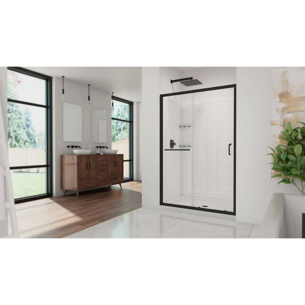 Infinity-Z Matte Black Frameless Sliding Shower Kit with Base