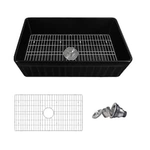 Black Fireclay 33 in. L x 18 in. W Rectangular Single Bowl Farmhouse Apron Kitchen Sink with Grid and Strainer