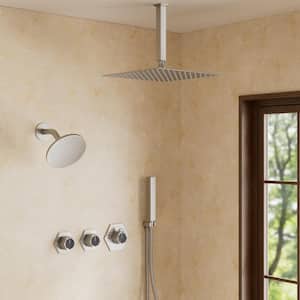 Thermostatic Valve 5-Spray 12 and 6 in. Shower Faucet 2.5 GPM with 2-Function Handheld Shower in Brushed Nickel