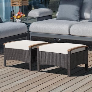 Plastic Multifunction Outdoor Wicker Ottoman with Off White Cushion (2-Pack) with Wood Handle