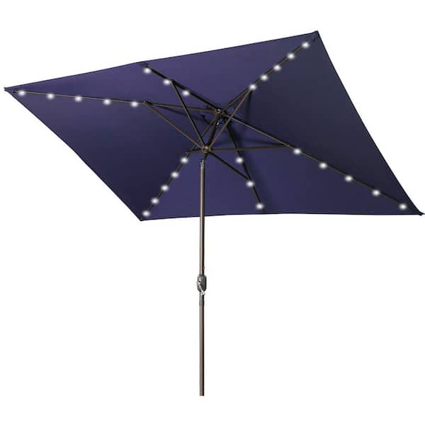 SUNVIVI 6.5 ft. x 10 ft. Rectangular Market Patio Umbrella and Solar Lights, 26 LED lights, Push Button Tilt, Crank in Navy Blue