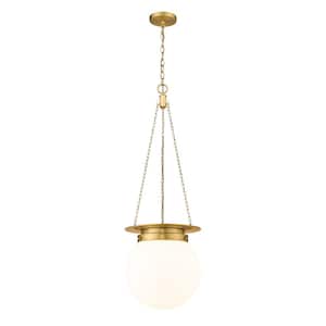 Calhoun 13 in. 1-Light Heritage Brass Pendant Light with White Opal Glass Shade with No Bulbs included