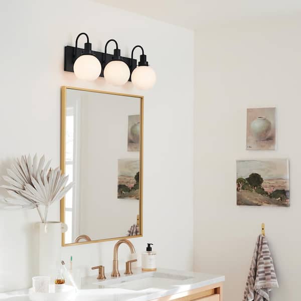 Hex 22.75 in. 3-Light Black Modern Bathroom Vanity Light with Opal Glass Shades