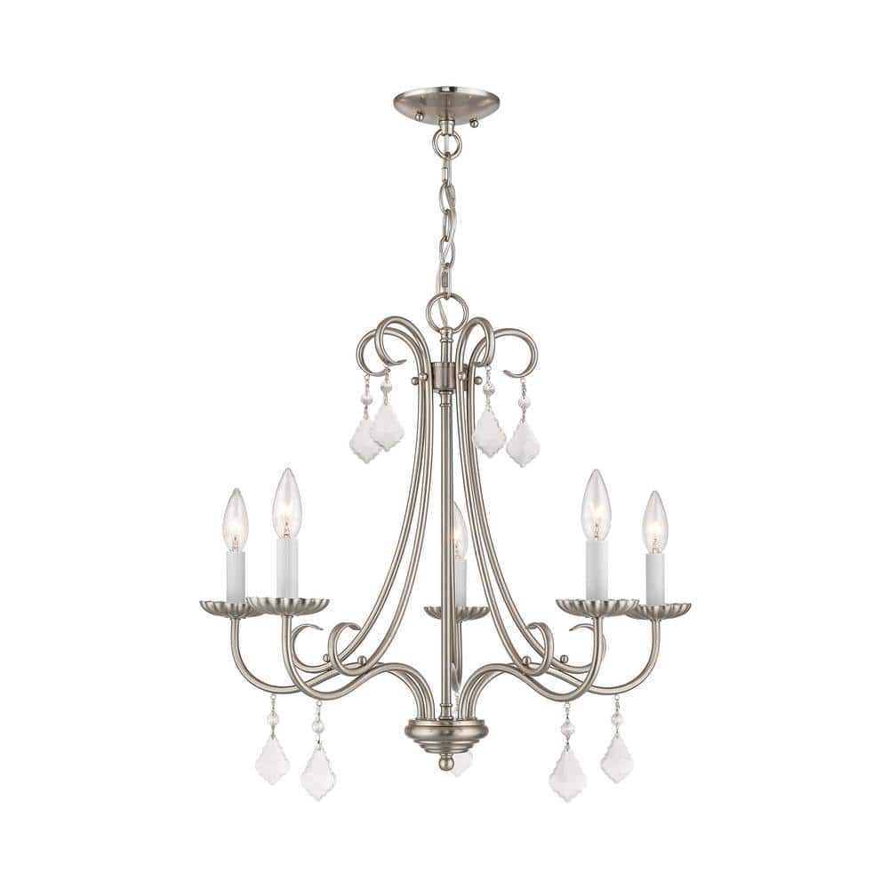 Elegant Brushed Nickel 5-Light Chandelier with Crystal Teardrops