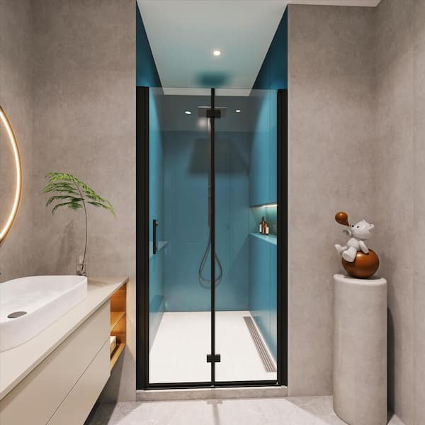 Pilas 30 to 31-3/8 in. W x 72 in. H Bi-Fold Frameless Shower Doors in Black with Clear Glass