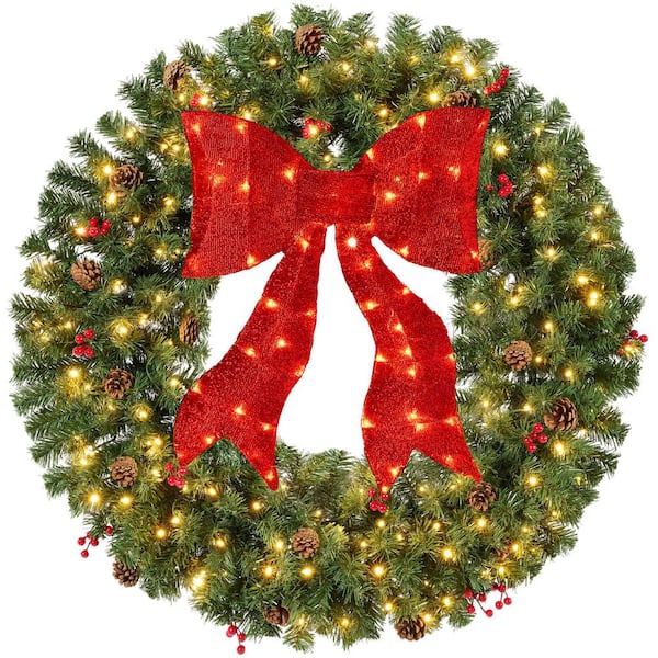 30 in. Pre-Lit Artificial Christmas Wreath with Berries and Pinecones with Red Lighted Bow