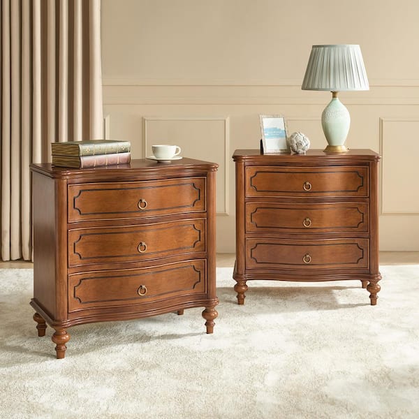 Egmund Set of 2 Traditional 3-Drawer Nightstand with Solid Wood Legs and Built-In Outlets-Walnut