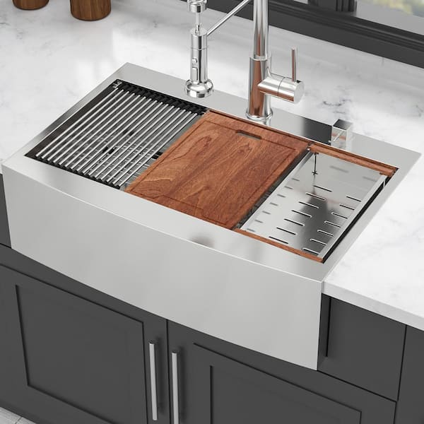 36 in. Farmhouse Single Bowl 16-Gauge Brushed Nickel Stainless Steel Kitchen Sink with Workstation