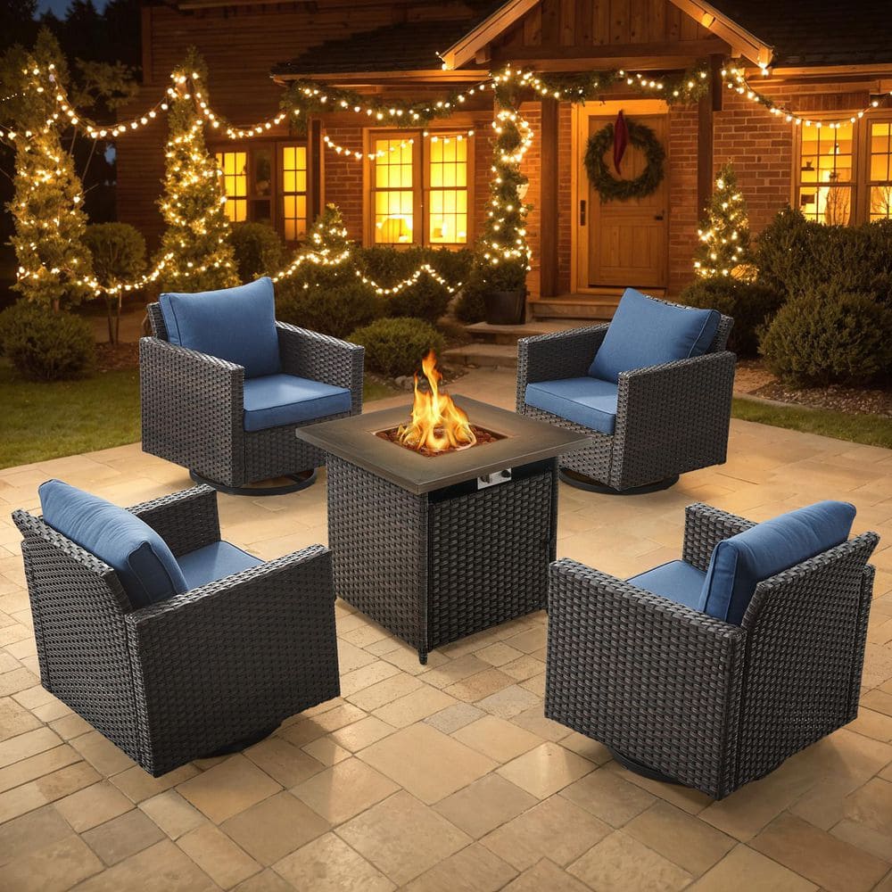 5-Piece Wicker Patio Conversation Set ire Pit Table with Blue Cushions price history on PriceWatchPro