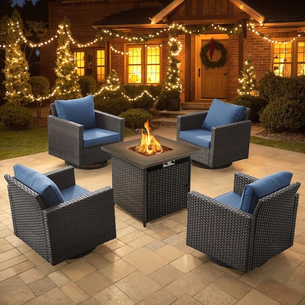 5-Piece Wicker Patio Conversation Set ire Pit Table with Blue Cushions