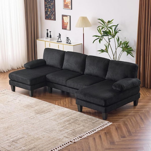 111 in. Pillow Top Arm 3-Piece U-Shaped Corduroy Mordern Sectional Sofa in Black