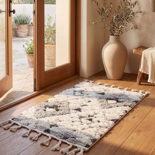 Moroccan Tassel Shag 2 ft. x 3 ft. Ivory/Gray Tribal Area Rug