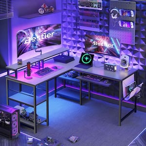 L-Shaped Desk LED 95.2 in. Computer Corner Desk with Keyboard Tray Monitor Stand Gaming Carbon Fiber