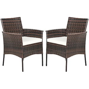 Cushioned Wicker Outdoor Arm Patio Dining Chair Sofa Furniture with White Cushion (2-Pack)