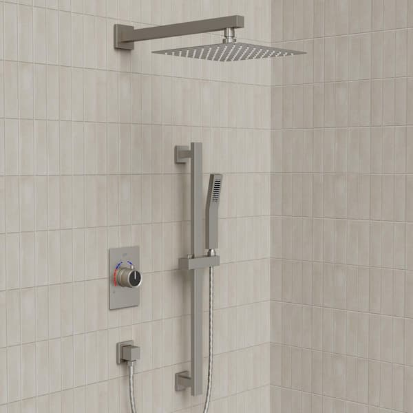 2-Spray Wall Mount 10 in. Dual Fixed and Handheld Shower Head with Slide Bar in Brushed Nickel Valve Included