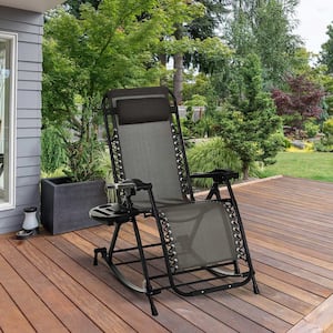 Gray Foldable Metal Outdoor Rocking Combo Design Chair Outdoor Rocking Chair with Pillow Cup & Phone Holder Folding Legs