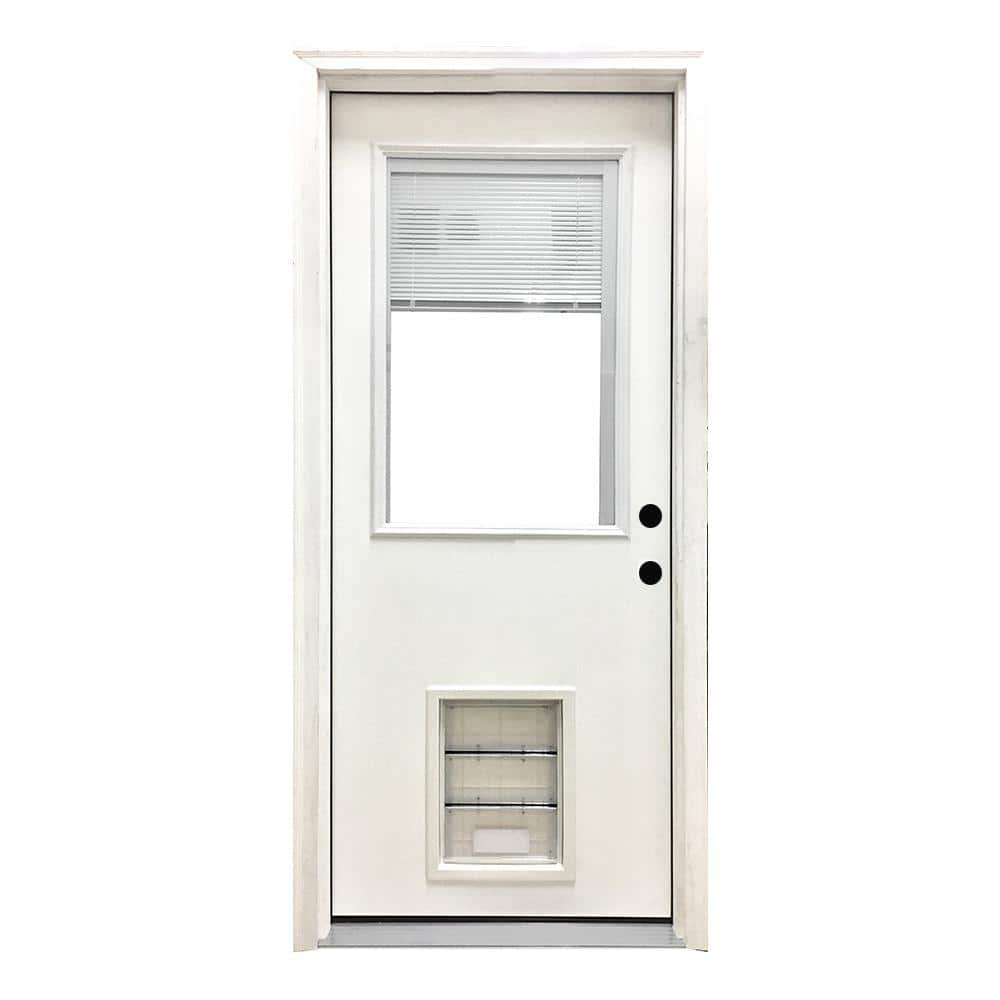 Steves & Sons 36 in. x 80 in. Reliant Series Clear Mini-Blind LHIS White Primed Fiberglass Prehung Front Door with Large Pet Door