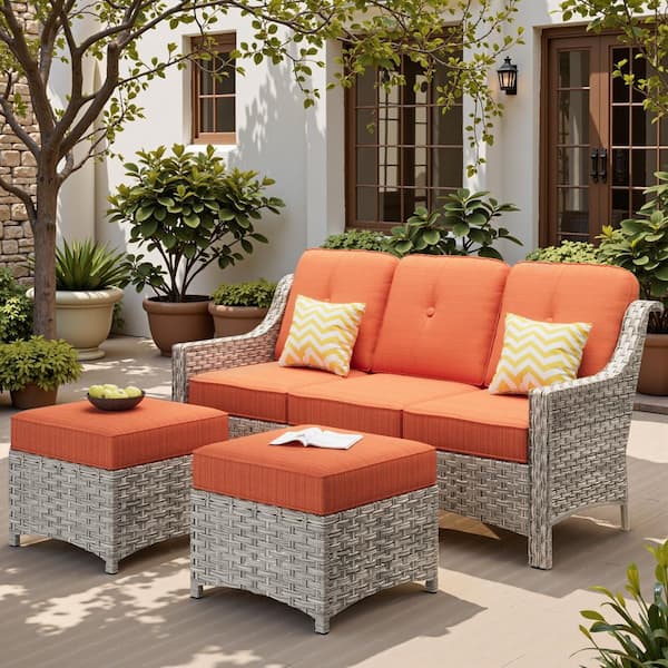 Toject Eureka Grey 3-Piece Modern Wicker Outdoor Patio Conversation Sofa Seating Set with Orange Red Cushions