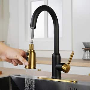 3 Functions Single Handle Pull Down Sprayer Kitchen Faucet with Deckplate in Stainless Steel Black and Gold