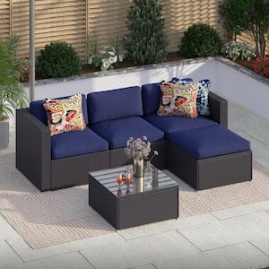 Patio Festival 6-Piece Wicker Outdoor Sectional Set with Blue Cushions ...