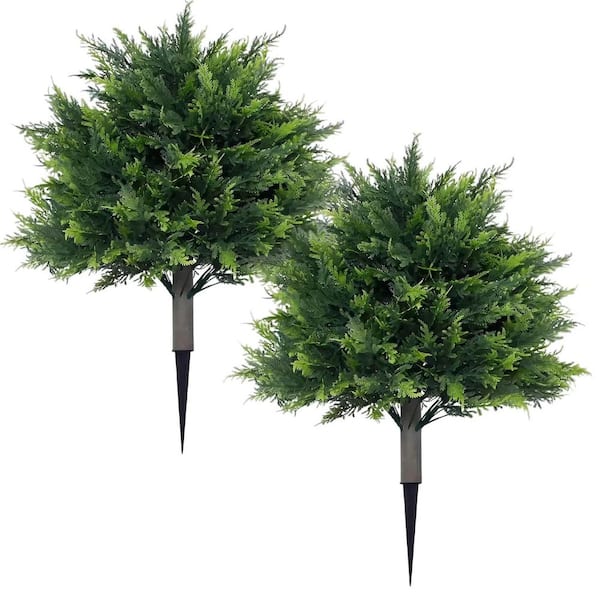 2 ft. Artificial Cypress Topiary Outdoor Tree with Spike, 23.6 Inch Faux Cedar Bushes UV Resistant Fake Shrubs, 2 Pack