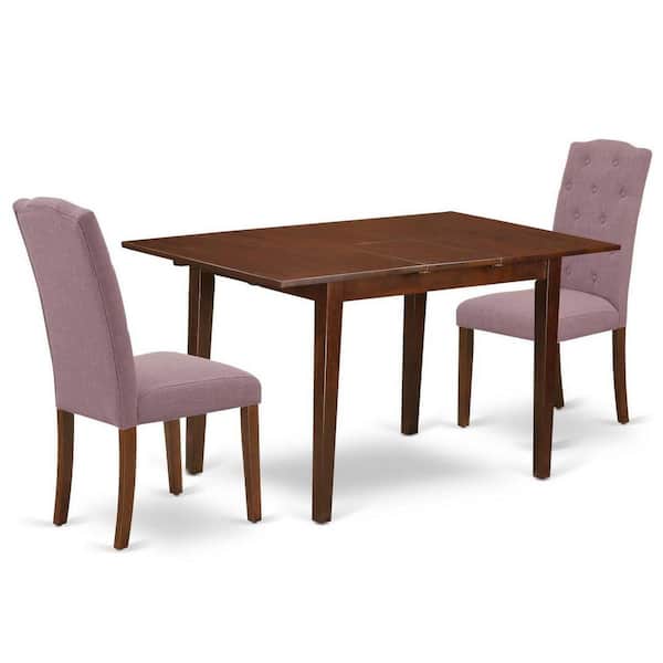 East West Furniture 3-Piece Mahogany Finish Rectangular Solid Wood Top with Butterfly Leaf Dining Table Set