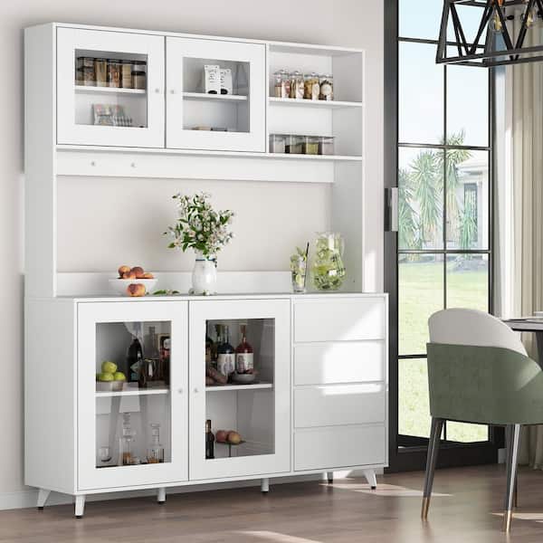 FUFU&GAGA White Large Kitchen Pantry Cabinet Buffet with 4-Drawers Hooks Open Shelves and Glass Doors