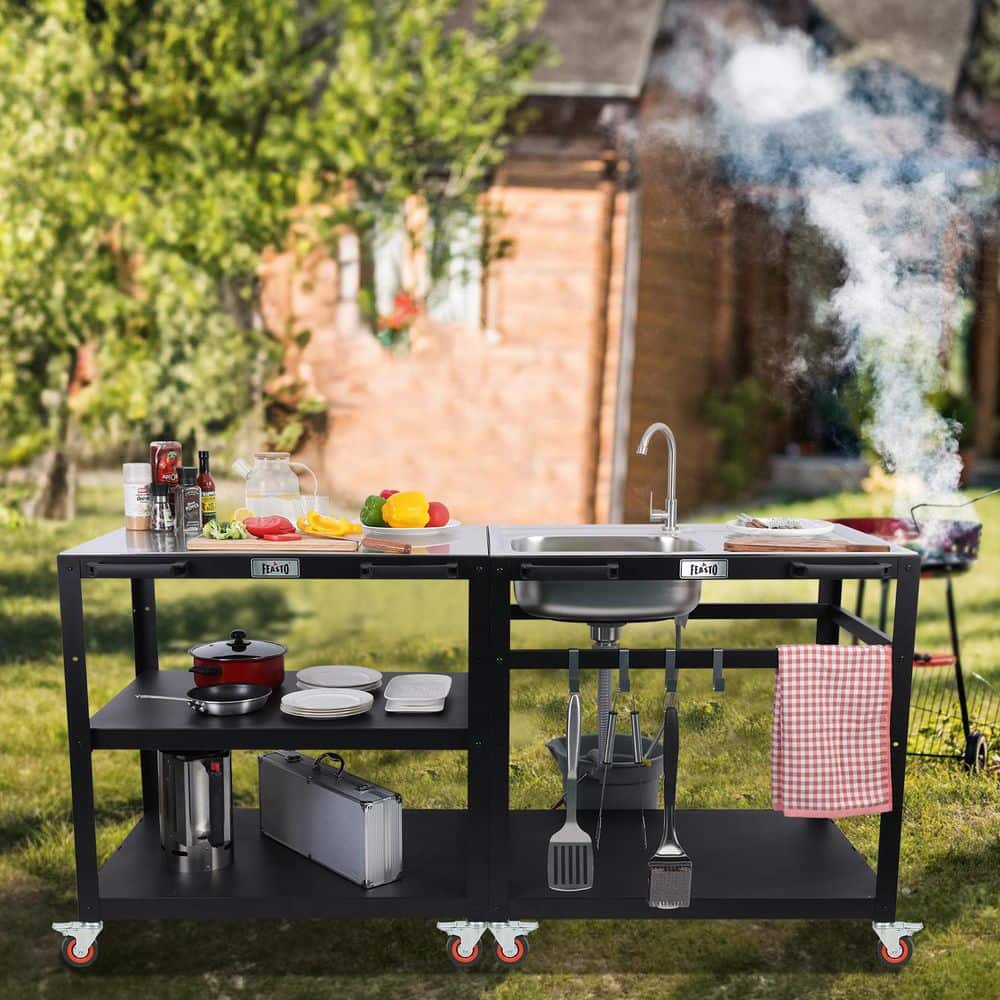 Feasto 3-Shelf Black and Stainless Steel Outdoor Kitchen Cart