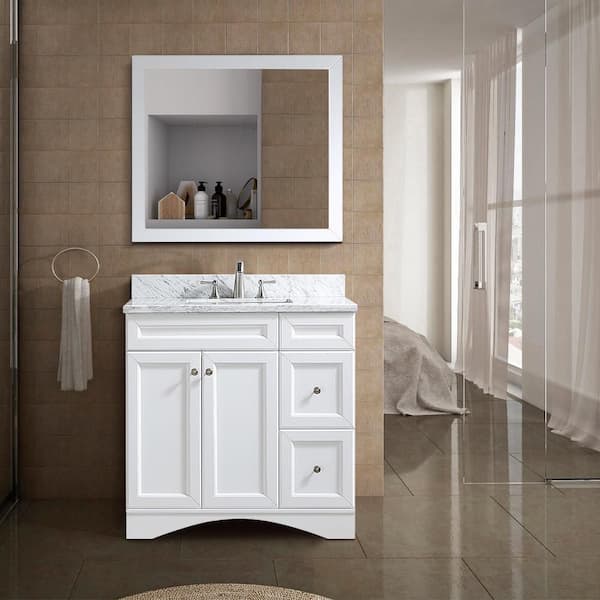 36 inch Single Solid Wood Bathroom Vanity Set, with Drawers, Carrara White Marble Top, 3 Faucet Hole, White, Size: Large