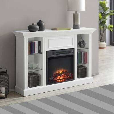 47 in. White Electric Fireplace TV Stand Fits TV's up to 55 in. with 2-Tier Adjustable Open Storage Shelves