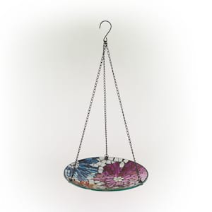 10 in. Round Glass Mosaic Floral Hanging Birdbath, Multicolor