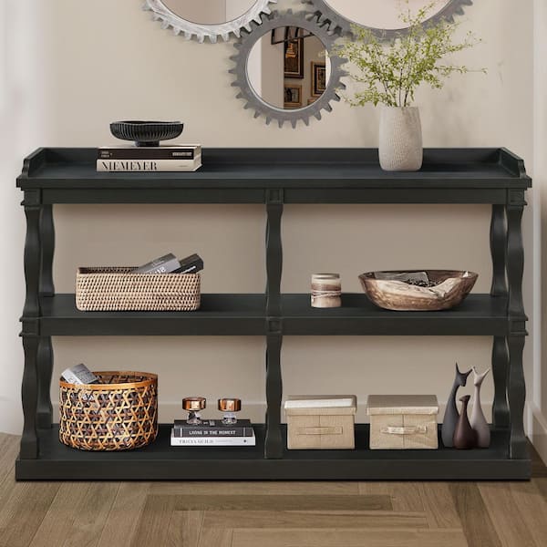 60 in. Black Rectangle MDF Console Table with 3-Tier Storage and Roman Column Style Legs