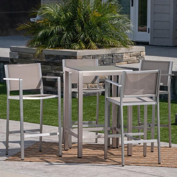 Noble House Cape Coral Silver 5-Piece Aluminum Outdoor Bar Height Bistro Set
