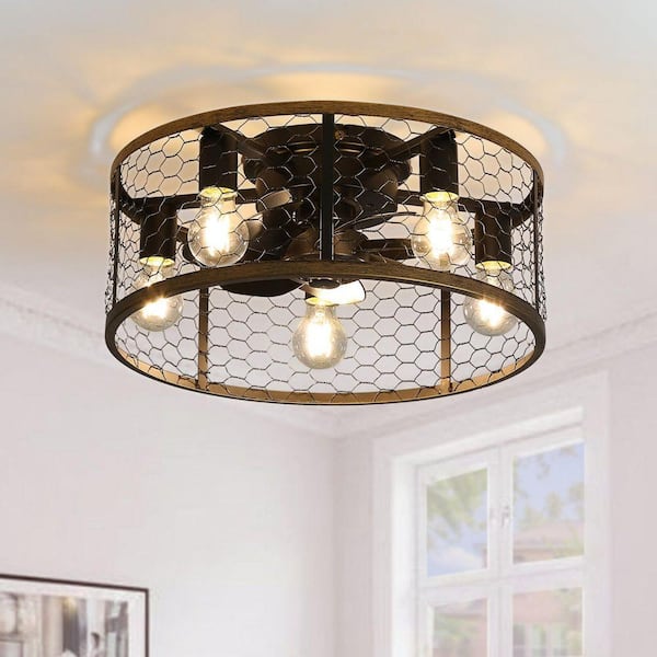 20 in. Industrial Caged Ceiling Fan with Light Remote, Black Flush Mount Low Profile Fan, 7 ABS Blades, E26 Base