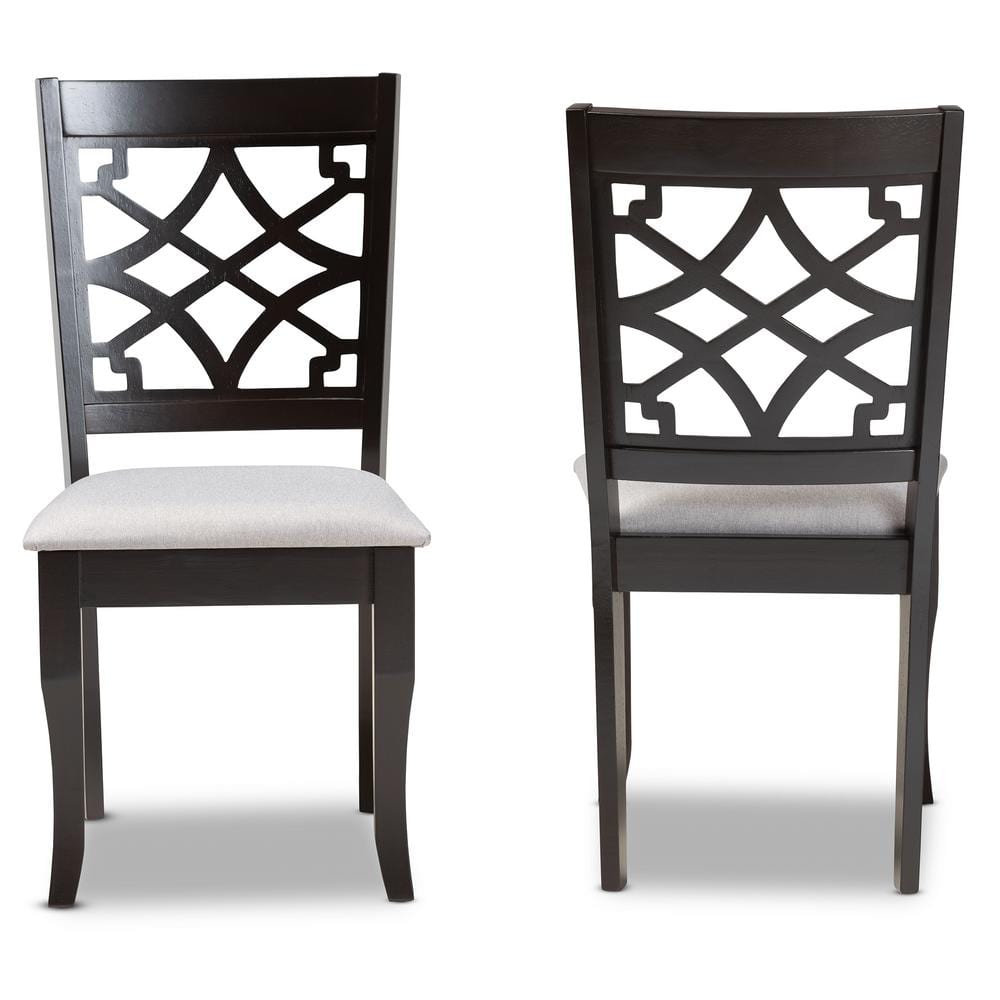 Set of 2 Grey Fabric and Dark Brown Wood Dining Chairs with Cut-Out Back