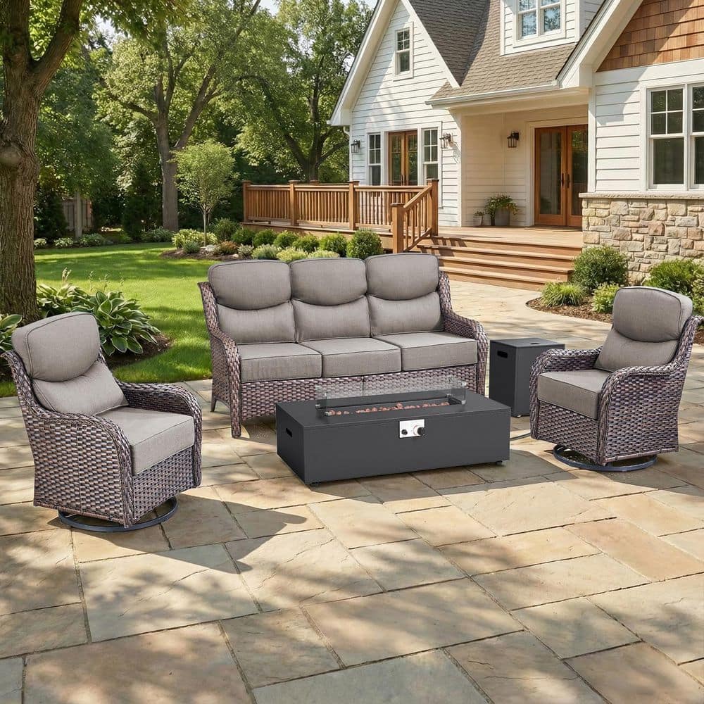 MoonLuxe Brown Wicker Fire Pit Conversation Set with Gray Olefin 6 in. Thick Cushions Patio Swivel Chairs (5-Piece) price history on PriceWatchPro